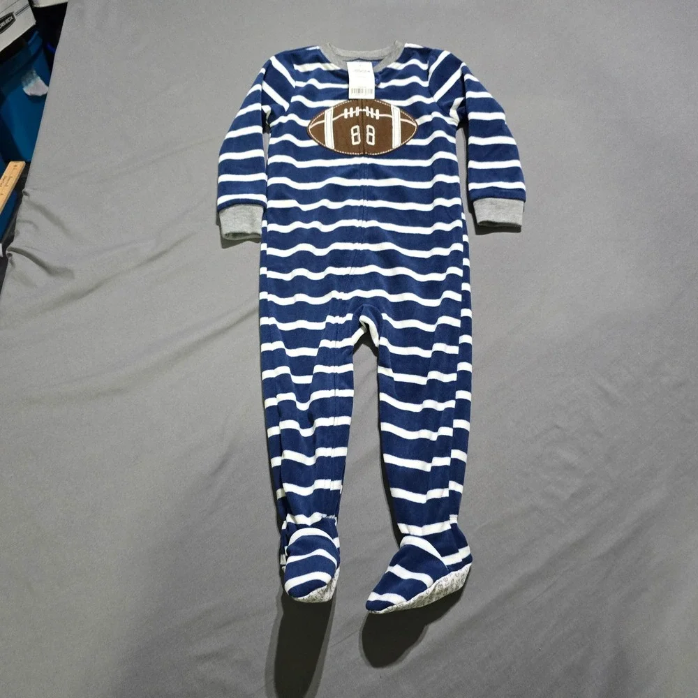 Carter's Football Fleece Sleeper Toddler 2T Blue Striped Footed Pajamas 2M818310